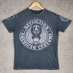 Affliction American Customs‎ Flag Graphic T-Shirt Mens Large Gray Skull Wings